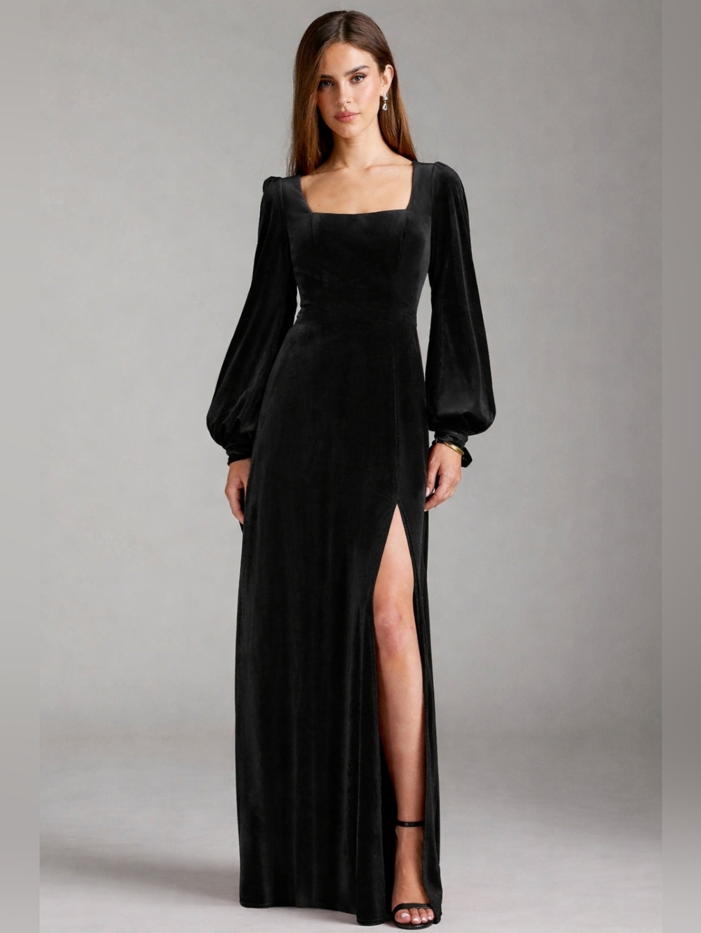 NWT Azazie Leonia Dress Size A20 Black Velvet Maxi Long Sleeve Formal Gown